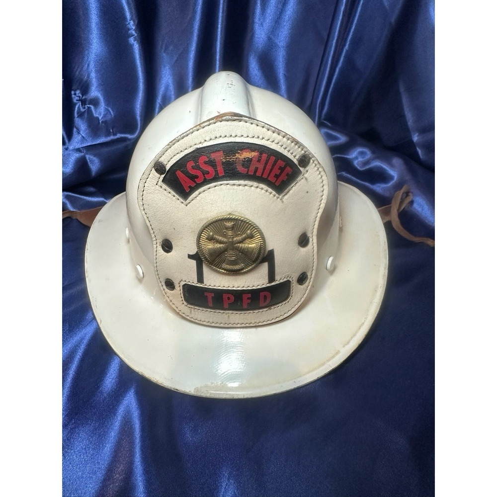 Vintage Assistant Chief Fire Helmet TPFD White Fiberglass Firefighter Helmet